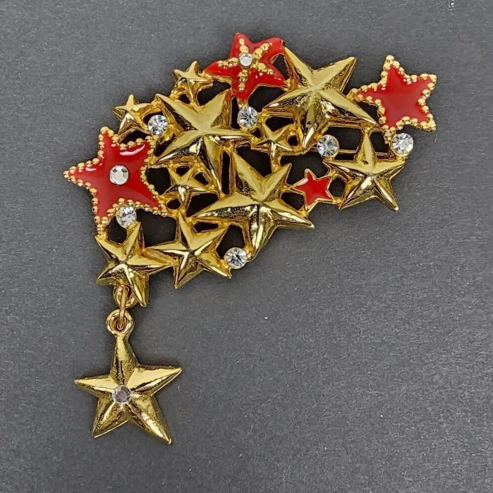 Vintage Shooting Star Cluster Brooch Pin Massive Statement Red Enamel Rhinestone